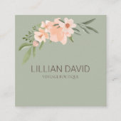 赤面ピーチウォーターカラーフローラバラ&セージ緑 スクエア名刺 (正面)