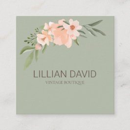 赤面ピーチウォーターカラーフローラバラ&セージ緑 スクエア名刺
