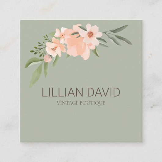 赤面ピーチウォーターカラーフローラバラ&セージ緑 スクエア名刺 (正面)