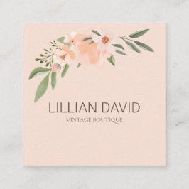 赤面ピーチウォーターカラーフローラバラ&セージ緑 スクエア名刺