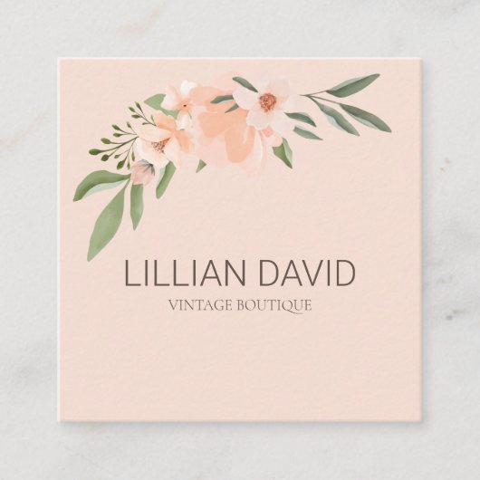 赤面ピーチウォーターカラーフローラバラ&セージ緑 スクエア名刺 (正面)