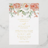 赤面ピーチウォーターカラー結婚フローラ金ゴールド 箔招待状 (正面)