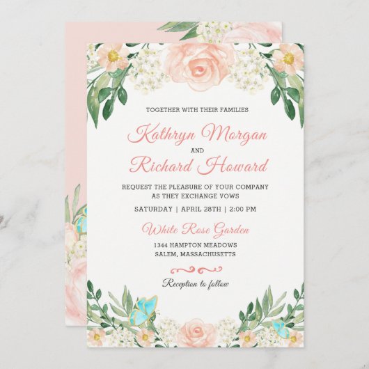 赤面ピーチバラガーデン水の色の結婚式の招待 招待状 (正面/裏面)