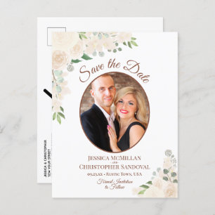 赤面ピーチバラ楕円形フォトウェディング日付を保存 案内ポストカード