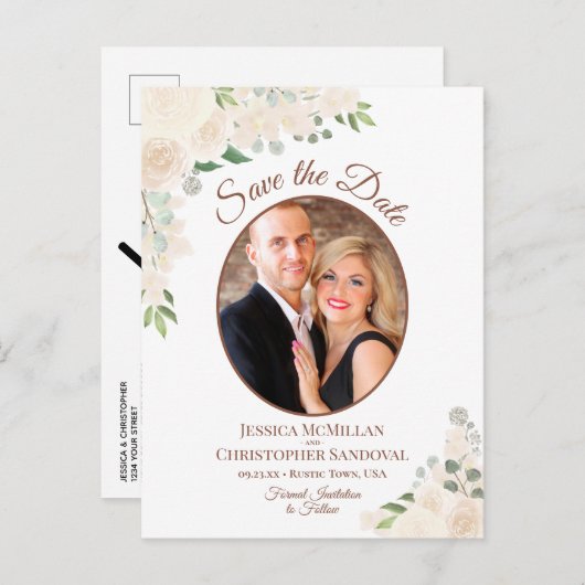 赤面ピーチバラ楕円形フォトウェディング日付を保存 案内ポストカード (正面/裏面)