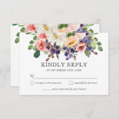 赤面ピーチパープルホワイトフローラグリーンリー結婚ズ 出欠カード (正面/裏面)