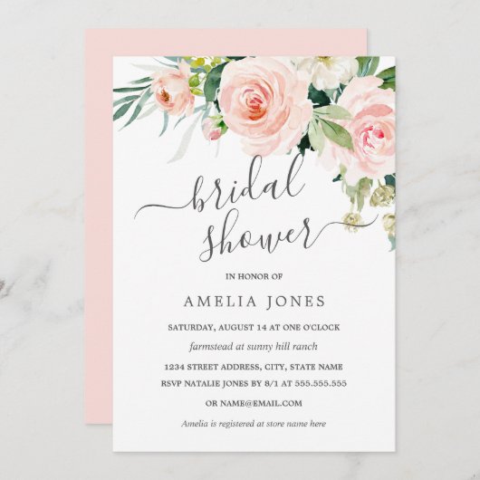 赤面ピーチピンクウォーターカラーフローラブライダルシャワー 招待状 (正面/裏面)