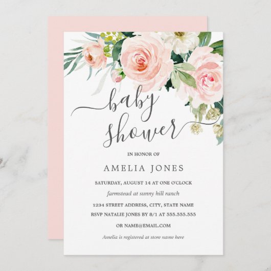 赤面ピーチピンクウォーター色フローラベビーシャワー 招待状 (正面/裏面)