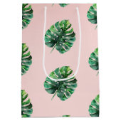 赤面ピーチピンクグリーン熱帯葉 ミディアムペーパーバッグ (裏面)