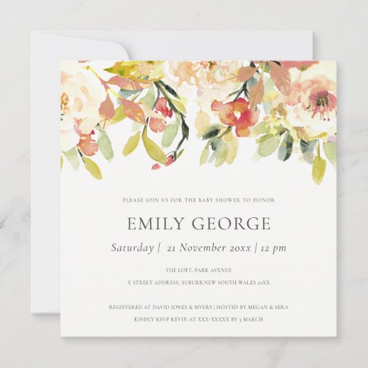赤面ピーチピンク水色フローラベビーシャワー 招待状 (正面)