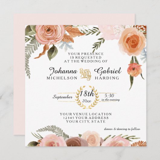 赤面ピーチフローラ牡丹の水の色の葉 招待状 (正面/裏面)