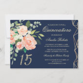 赤面ピーチフローラ金ゴールドグリッターネイビーキンセアニェラ 招待状 (正面)