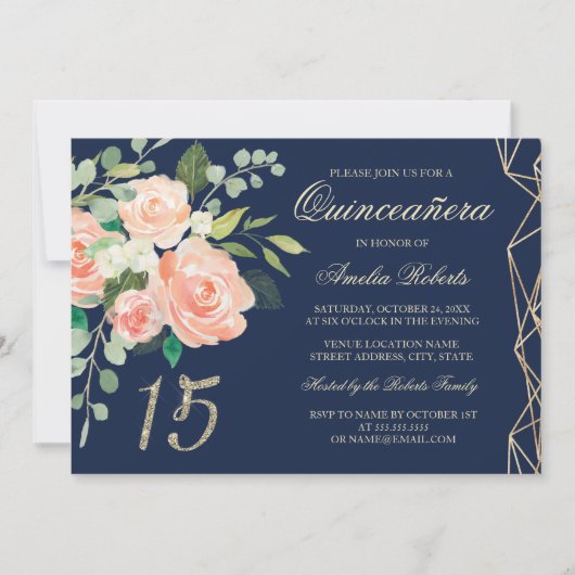 赤面ピーチフローラ金ゴールドグリッターネイビーキンセアニェラ 招待状 (正面)