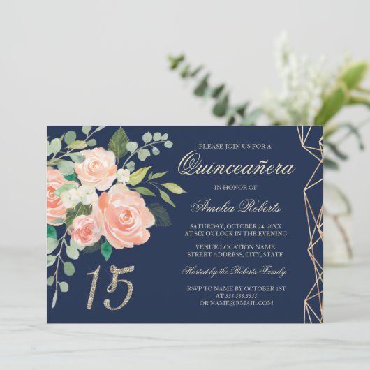 赤面ピーチフローラ金ゴールドグリッターネイビーキンセアニェラ 招待状 (スタンド正面)