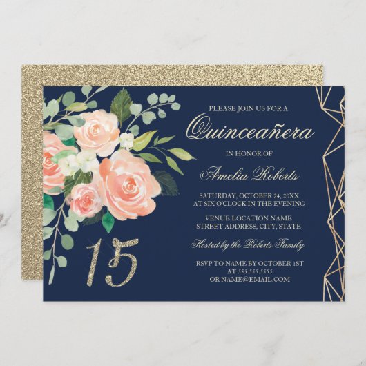 赤面ピーチフローラ金ゴールドグリッターネイビーキンセアニェラ 招待状 (正面/裏面)