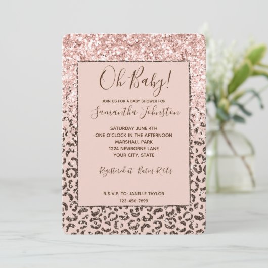 赤面ピーチブラウンヒョウグリッターベビーシャワー 招待状 (スタンド正面)