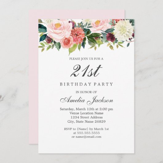 赤面ピーチボタニカルフローラ21st誕生日 招待状 (正面/裏面)