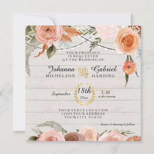 赤面ピーチ素朴フローラ白木葉樹 招待状 (正面)