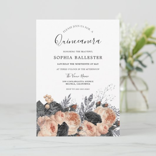 赤面ピーチ&ブラックフラワーズエレガントキンセアニェラ 招待状 (スタンド正面)