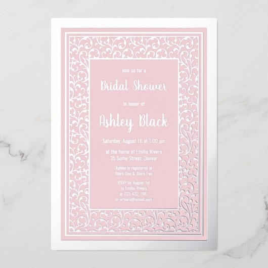 赤面ピ実在ンク銀箔フローラブライダルシャワー 箔招待状 (正面)