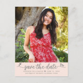 赤面ピ救ンク日付フォト卒業スクリプトハート インビテーションポストカード (正面)