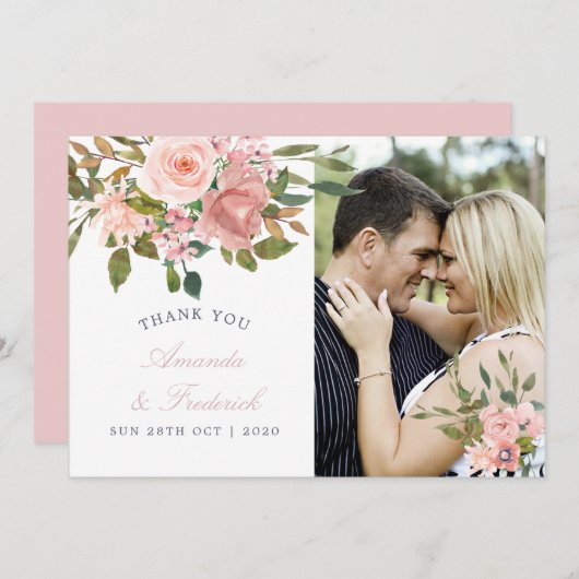 赤面ピ結婚ンクのフローラありがとう写真 サンキューカード (正面/裏面)