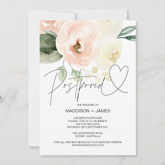 赤面ピ結婚ンクの延期された日付の変更 招待状 (正面)
