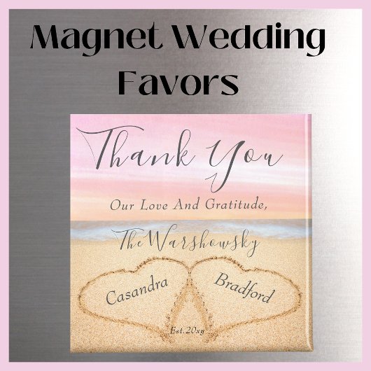 赤面ピ結婚ンクの2ハートサンド結婚式の引き出物 マグネット