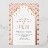赤面ピ華美ンク結婚インディアンバラ金ゴールド 箔招待状 (正面)
