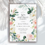 赤面フェミニンバラフローラ50th誕生日パーティー 招待状<br><div class="desc">赤面のフェミニンピンクと白の水色のバラと後ろ向きの緑のリースに囲まれた美しい50歳の誕生日パーティーの招待。色の組み合わせは明フェミニンるく、楽しいお祝いのためにゲストを準備する。イベント詳細に表示されているサンプル文字を置き換えて、デザインテンプレートでパーソナライズ。この招待テンプレートは、「50th」を任意の年齢でパーソナライズすることにより、任意の年齢の誕生日に使用できる。</div>
