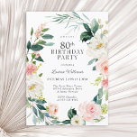 赤面フェミニンバラフローラ80th誕生日パーティー 招待状<br><div class="desc">赤面のフェミニンピンクと白の水色のバラと後ろ向きの緑のリースに囲まれた美しい80歳の誕生日パーティーの招待。色の組み合わせは明フェミニンるく、楽しいお祝いのためにゲストを準備する。イベント詳細に表示されているサンプル文字を置き換えて、デザインテンプレートでパーソナライズ。この招待テンプレートは、「80th」を任意の年齢でパーソナライズすることにより、任意の年齢の誕生日に使用できる。</div>