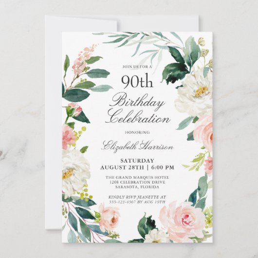赤面フェミニンバラフローラ90th誕生日パーティー 招待状 (正面)