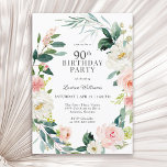 赤面フェミニンバラフローラ90th誕生日パーティー 招待状<br><div class="desc">赤面のフェミニンピンクと白の水色のバラと後ろ向きの緑のリースに囲まれた美しい90歳の誕生日パーティーの招待。色の組み合わせは明フェミニンるく、楽しいお祝いのためにゲストを準備する。イベント詳細に表示されているサンプル文字を置き換えて、デザインテンプレートでパーソナライズ。この招待テンプレートは、「90th」を任意の年齢でパーソナライズすることにより、任意の年齢の誕生日に使用できる。</div>