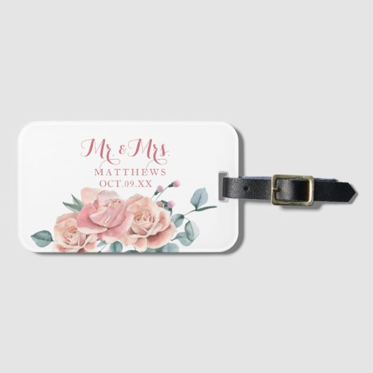 赤面フェミニンピンクとホワイトウォーターのカラーフローラ ラゲッジタグ (正面横)