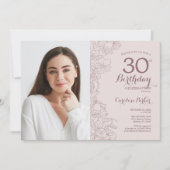赤面フェミニンピンクフローラ写真30歳の誕生日 招待状 (正面)