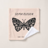 赤面フェミニンピンクブラックバタフライサロンスパ バスタオルセット (ウォッシュタオル)