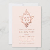 赤面フェミニンピンクローズ金ゴールドクレスト50誕生日 招待状 (正面)