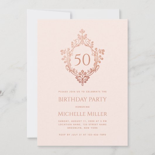 赤面フェミニンピンクローズ金ゴールドクレスト50誕生日 招待状 (正面)