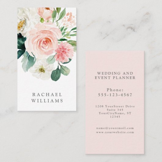 赤面フェミニンピンク水色フローラ 名刺 (正面/裏面)