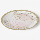 赤面フェミニン金ゴールドピンクフローラベビーガールシャワー ペーパープレート (アングル)