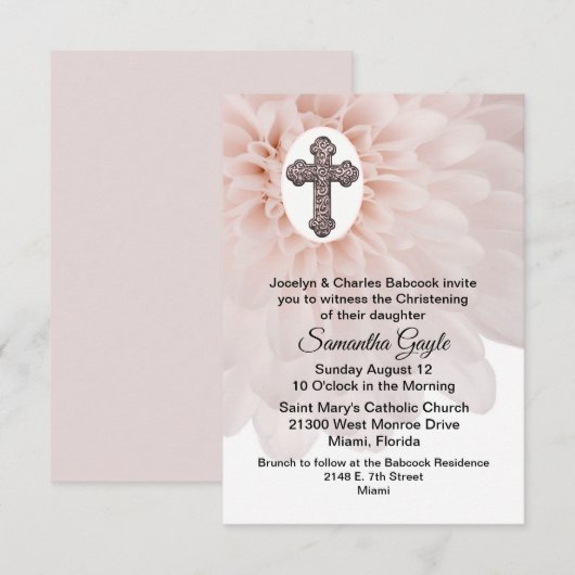 赤面フラワーアンドクロスベビー《キリスト教》洗礼式や命名式招待状 招待状 (正面/裏面)