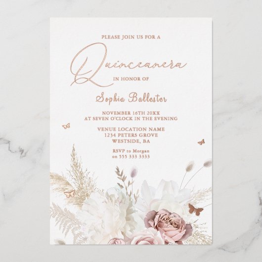 赤面フラワーズアイボリーキンセアニェラパーティーバラ金ゴールド 箔招待状 (正面)