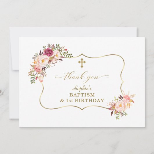赤面フラワーズ金ゴールドガール1stバースデーバプテスマ サンキューカード (正面)