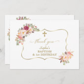 赤面フラワーズ金ゴールドガール1stバースデーバプテスマ サンキューカード (正面/裏面)