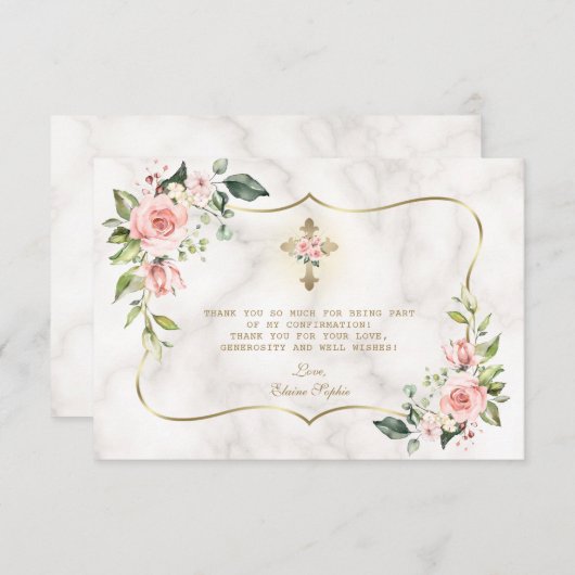 赤面フラワーズ金ゴールドクロス大理石確認 サンキューカード (正面/裏面)