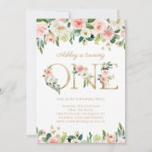 赤面フラワーズ金ゴールドワンフローラファースト誕生日 招待状 (正面)