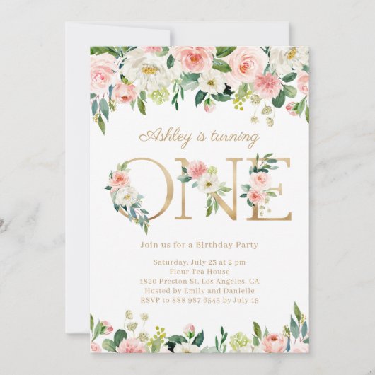 赤面フラワーズ金ゴールドワンフローラファースト誕生日 招待状 (正面)