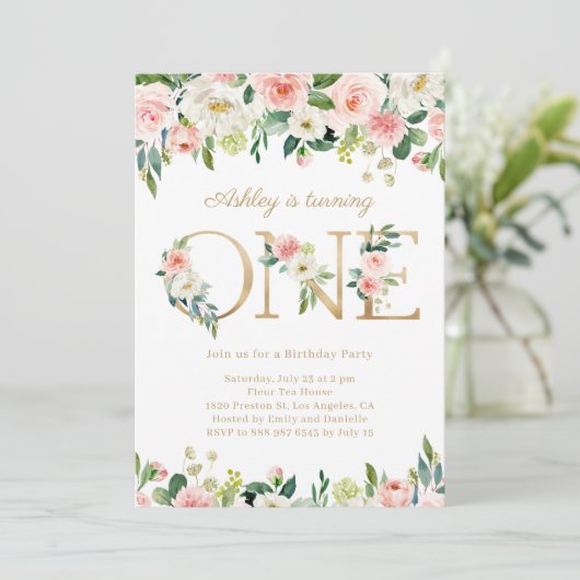 赤面フラワーズ金ゴールドワンフローラファースト誕生日 招待状 (スタンド正面)