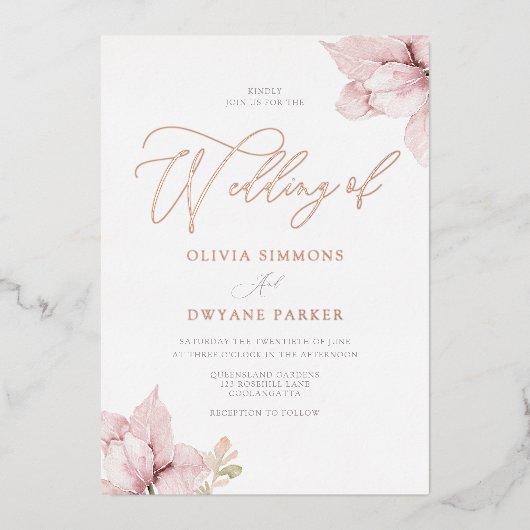 赤面フラワー花びらエレガントウェディングバラ金ゴールド 箔招待状 (正面)