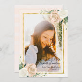 赤面フローラおよびフォイル金ゴールドの卒業発表 案内状 (正面/裏面)